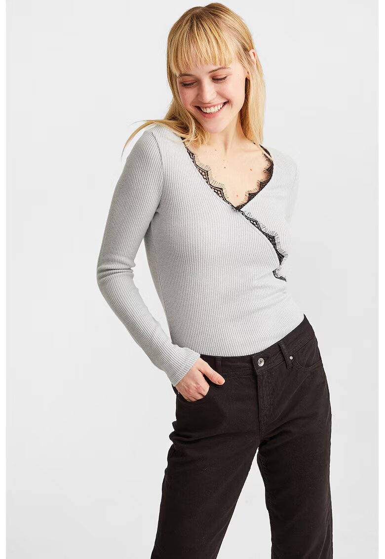 OXXO Bluza slim fit striata cu detalii de dantela - Gri deschis