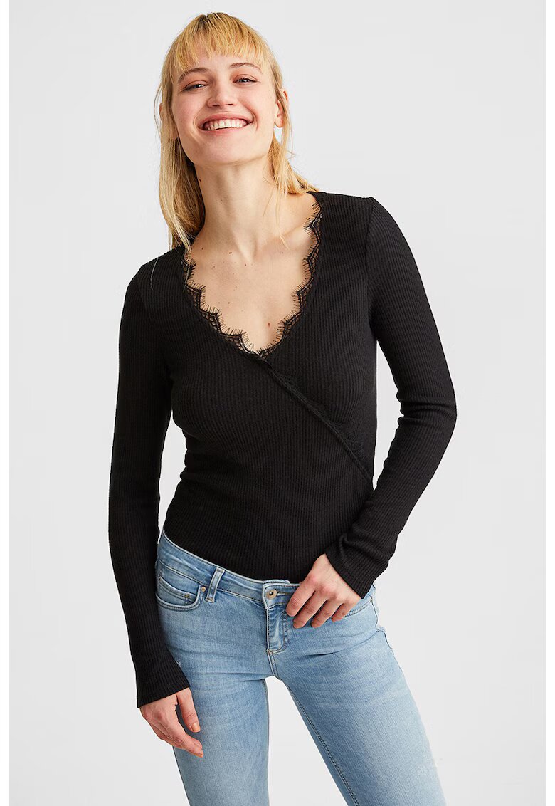OXXO Bluza slim fit striata cu detalii de dantela - Negru