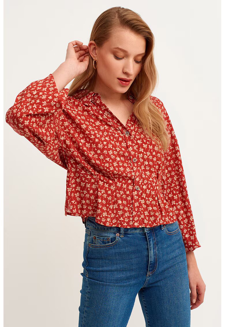 OXXO Camasa crop cu maneci lungi - Caramiziu/Crem