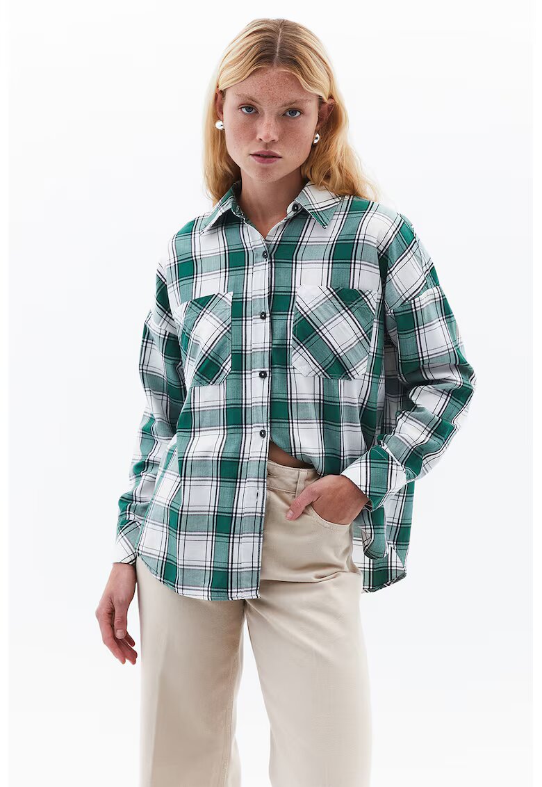 OXXO Camasa din flanel cu buzunare pe piept - Verde aquamarin/Alb murdar