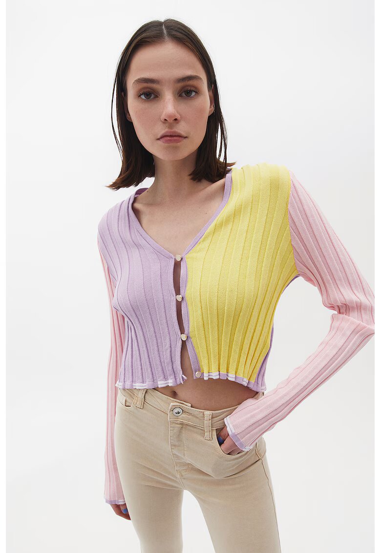 OXXO Cardigan crop cu model colorblock si decolteu in V - Galben/Lila pal