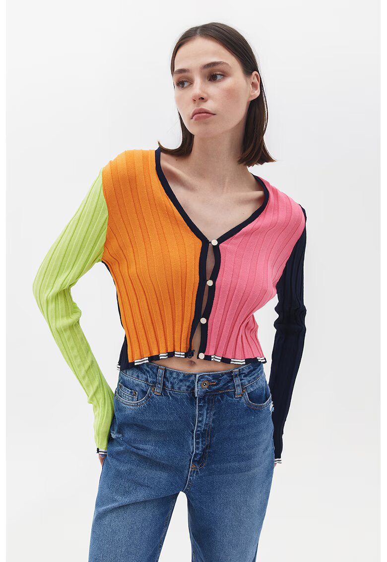 OXXO Cardigan crop cu model colorblock si decolteu in V - Roz pastel/Portocaliu mandarina/Verde pal