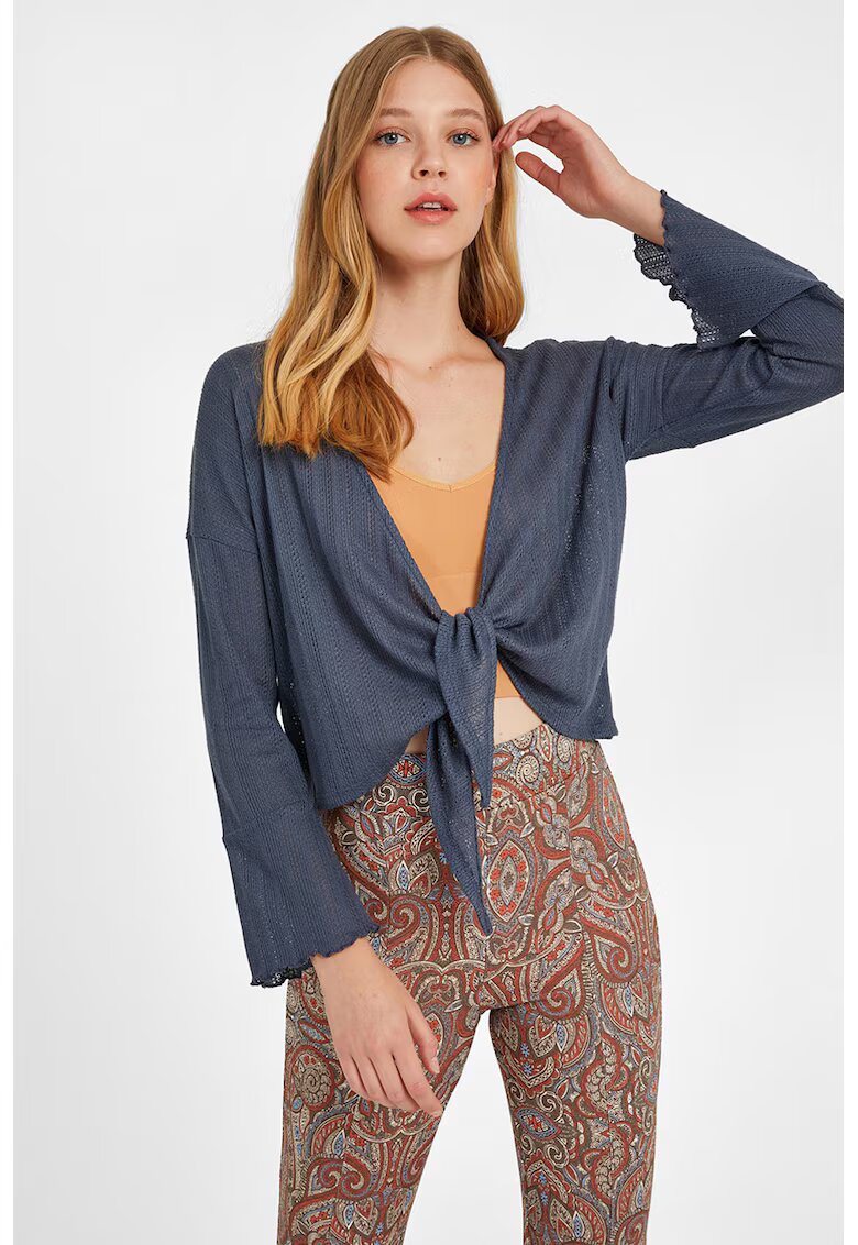 OXXO Cardigan crop cu snur frontal - Albastru prafuit