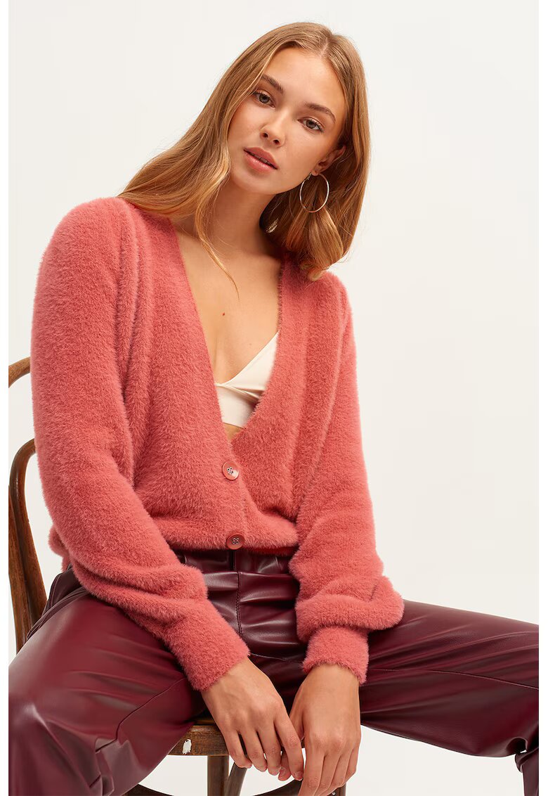OXXO Cardigan cu decolteu in V si aspect pufos - Roz somon