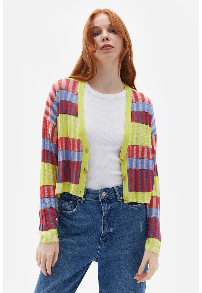 OXXO Cardigan cu dungi si maneci cazute - Albastru pastel/Rosu inchis/Verde fistic