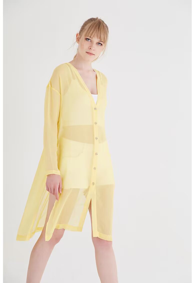 OXXO Cardigan semitransparent cu slituri laterale - Galben deschis