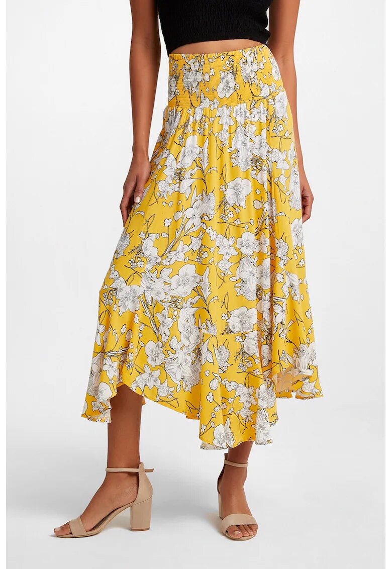 OXXO Fusta midi cu model floral - Alb/Galben