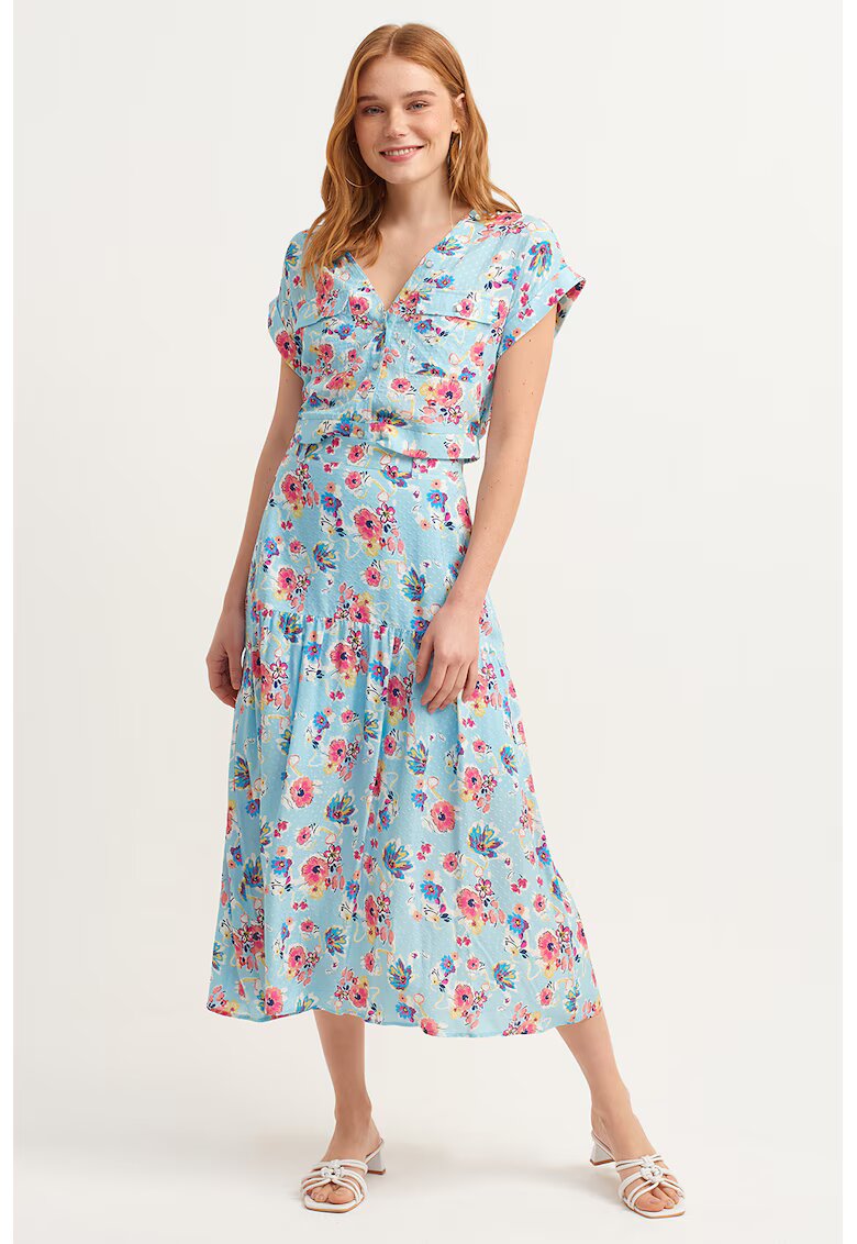 OXXO Fusta midi cu model floral si talie inalta - Albastru deschis