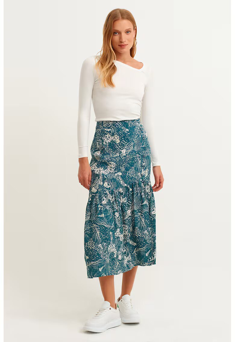 OXXO Fusta midi cu model si slit lateral - Alb/Verde persan