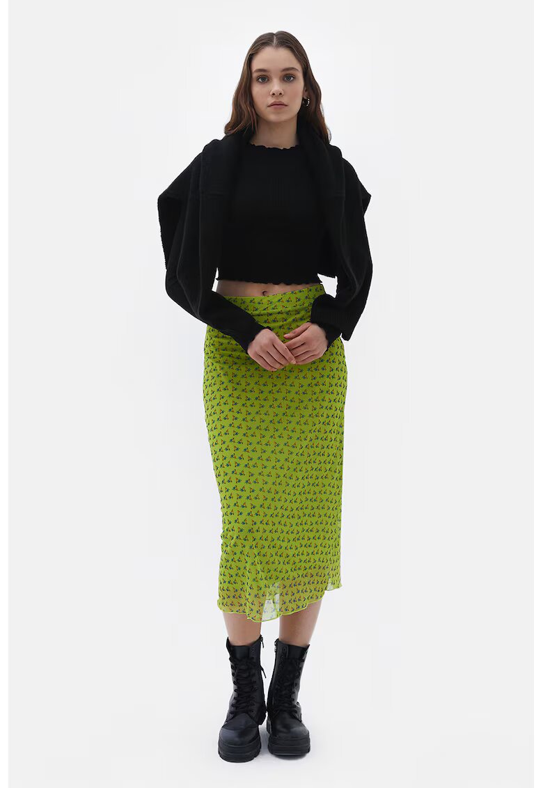 OXXO Fusta midi cu strat exterior din plasa - Rosu/Verde masliniu