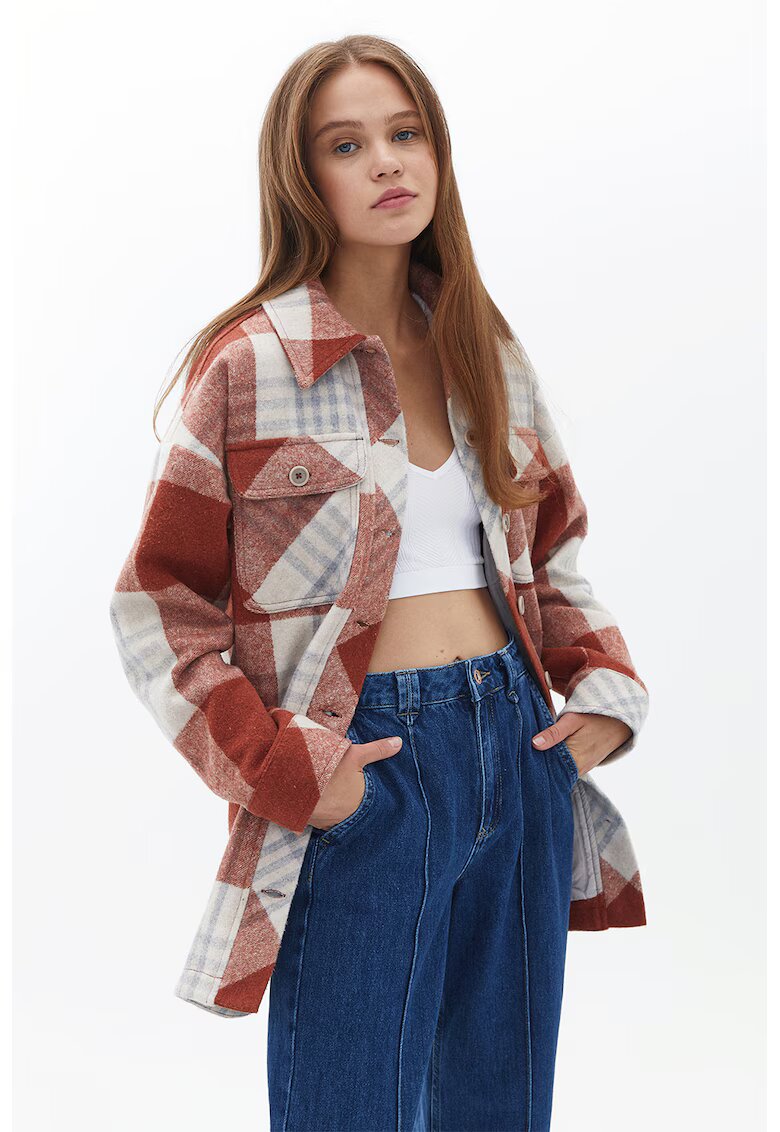 OXXO Jacheta-camasa din amestec de lana in carouri - Rosu/Gri deschis