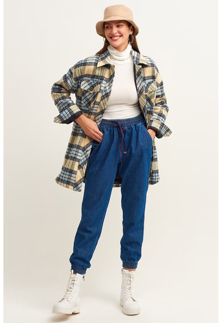 OXXO Pantaloni de bumbac cu talie inalta - Albastru