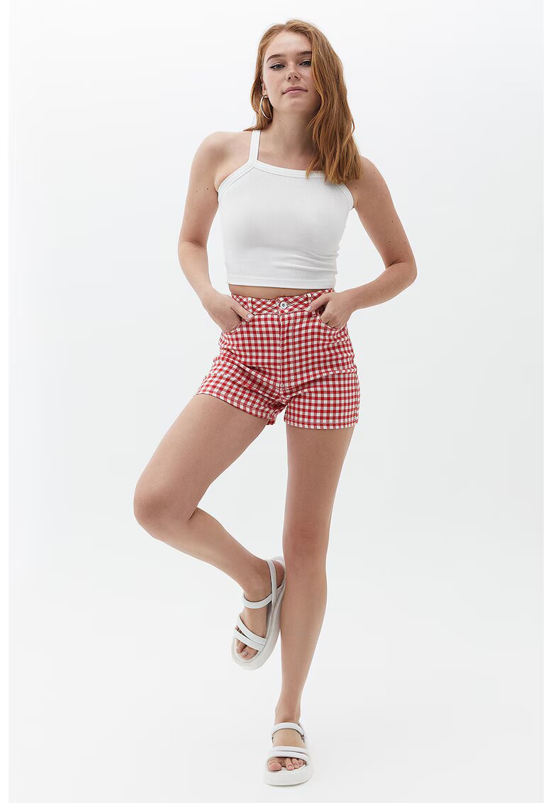 OXXO Pantaloni scurti cu talie inalta si model in carouri - Rosu/Alb