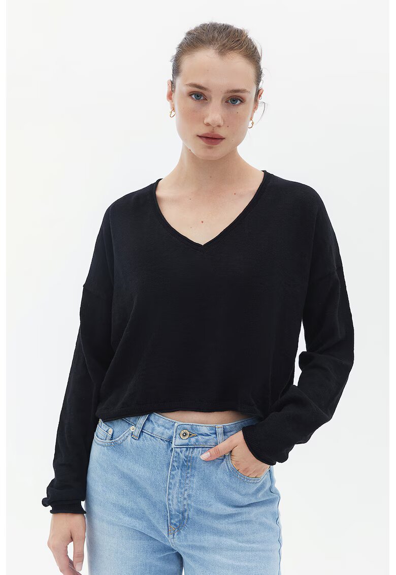 OXXO Pulover crop cu decolteu in V si maneci cazute - Negru