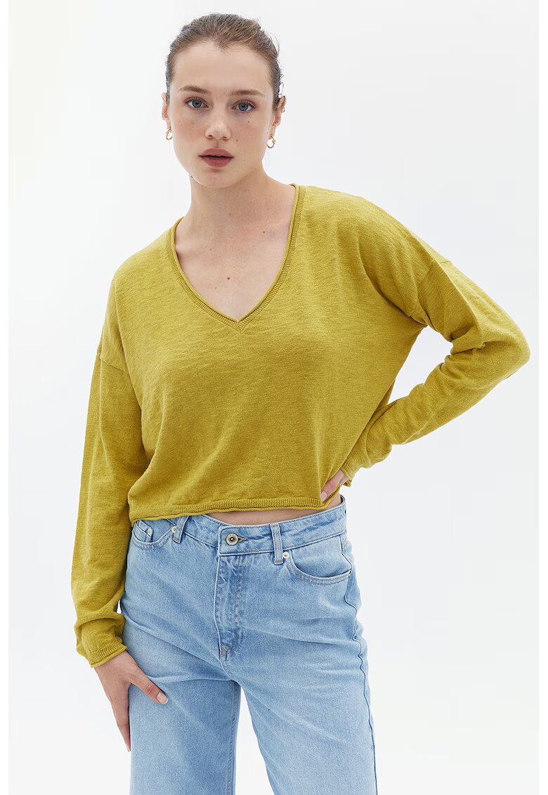 OXXO Pulover crop cu decolteu in V si maneci cazute - Verde masliniu