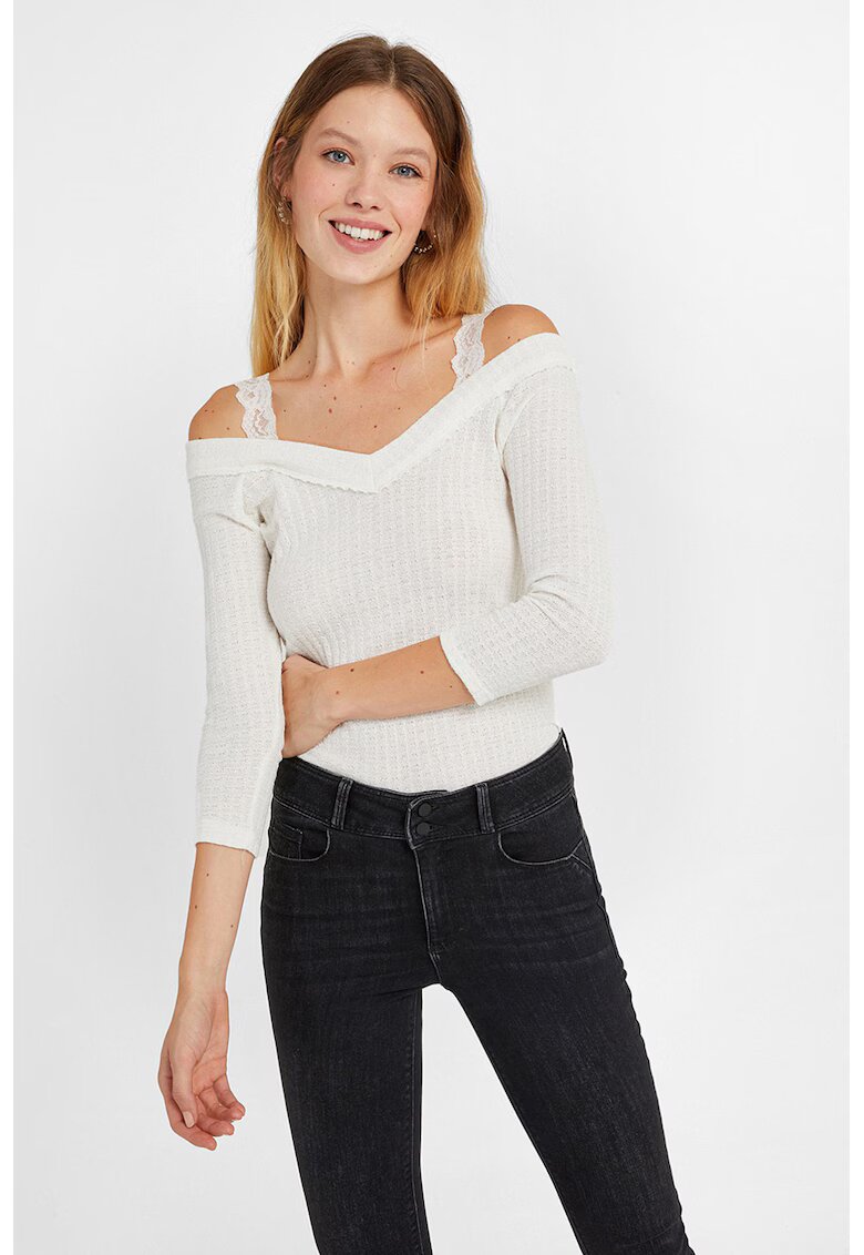 OXXO Pulover slim fit cu decolteu pe umeri si maneci 3/4 - Alb