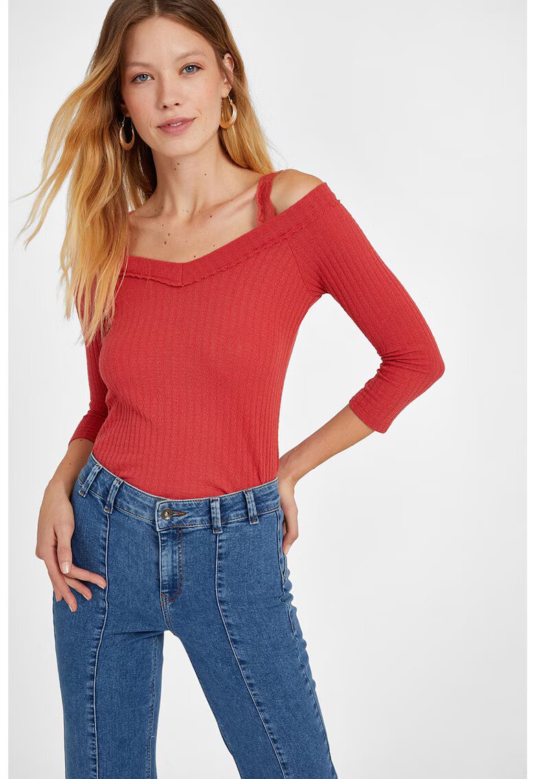 OXXO Pulover slim fit cu decolteu pe umeri si maneci 3/4 - Coral