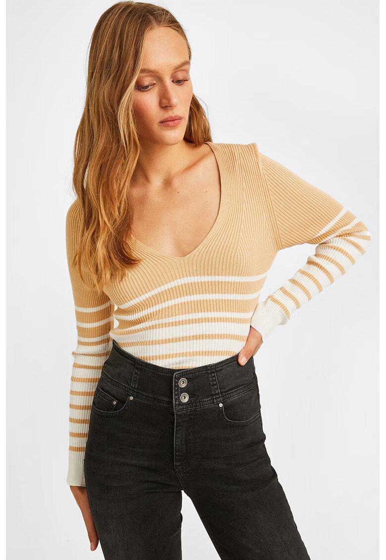 OXXO Pulover striat slim fit cu model in dungi - Alb/Bej