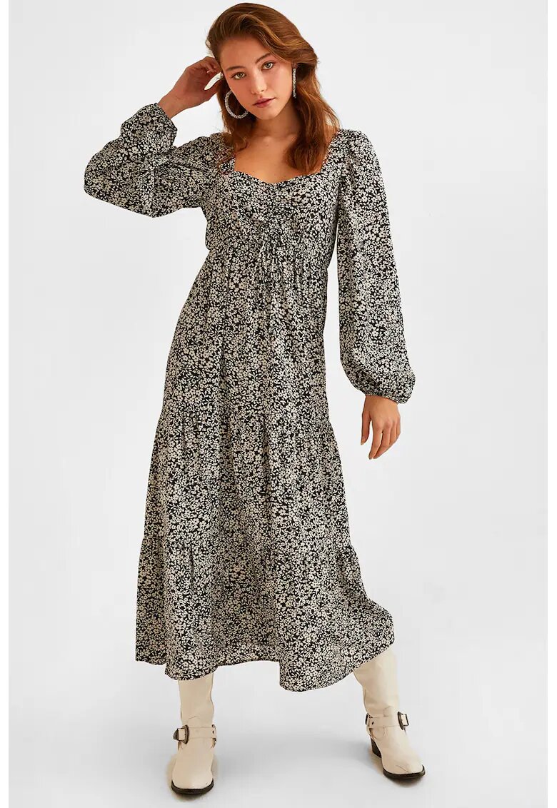 OXXO Rochie cu imprimeu floral si decolteu patrat - Alb/Negru