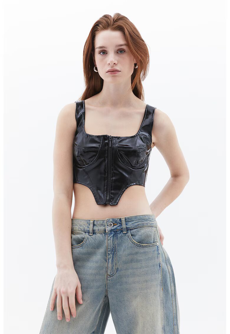 OXXO Top crop de piele ecologica cu fermoar - Negru