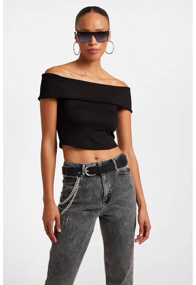 OXXO Tricou crop cu decolteu pe umeri - Negru