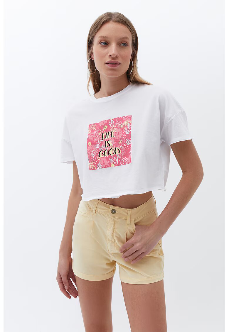 OXXO Tricou crop cu text - Alb/Galben/Roz