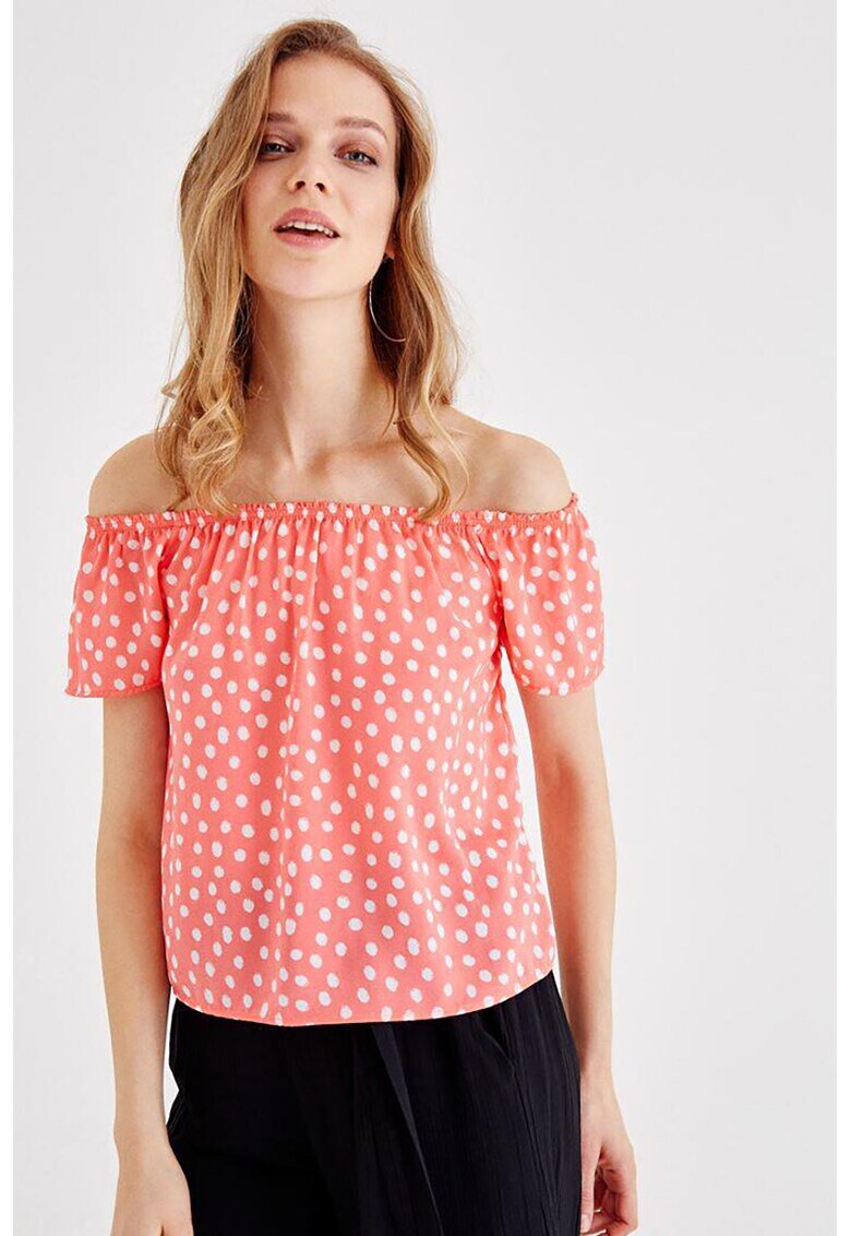 OXXO Tricou cu buline si decupaj pe umeri - Alb/Coral