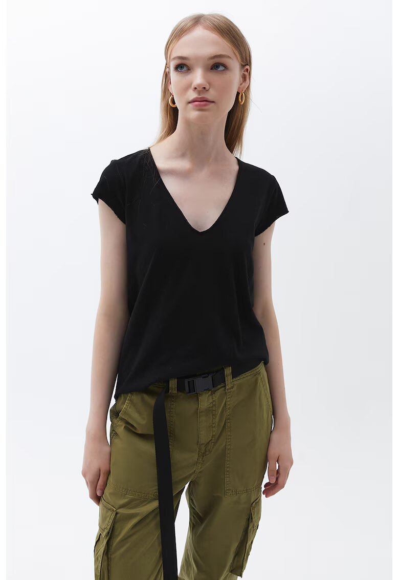 OXXO Tricou de bumbac cu decolteu in V - Negru