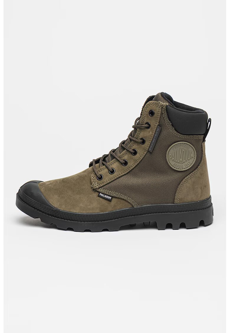 Palladium Ghete de piele cu garnituri textile si siret - Negru/Verde inchis