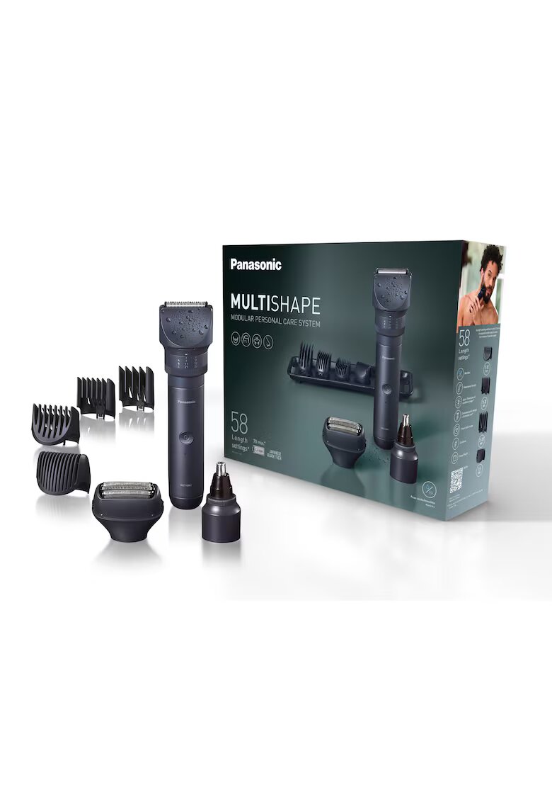 Panasonic Aparat de tuns barba si parul MultiSHAPE XSHAPE PACK 1 - cap aparat de ras umed/uscat cu 3lame - cap trimmer nas/urechi/fata - acumulator Li-Ion cu autonomie 70min - quick charge 1H - cap tundere cu 58 de setări de lungime - Negru