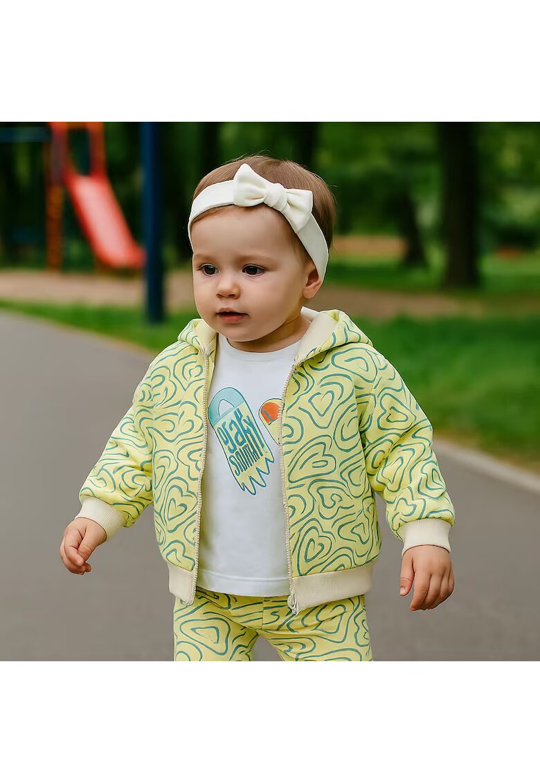 Panco Hanorac cu gluga fermoar si imprimeu Inimioare - Keep Going - Galben si Bej - pentru fetite - Galben
