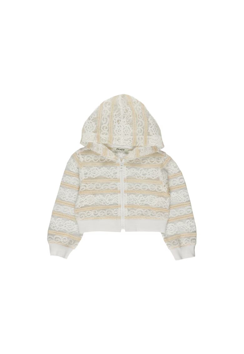 Panco Jacheta crop din tesatura cu dantela - Lace Effect - Dungi Alb si Bej - pentru fetite - Alb