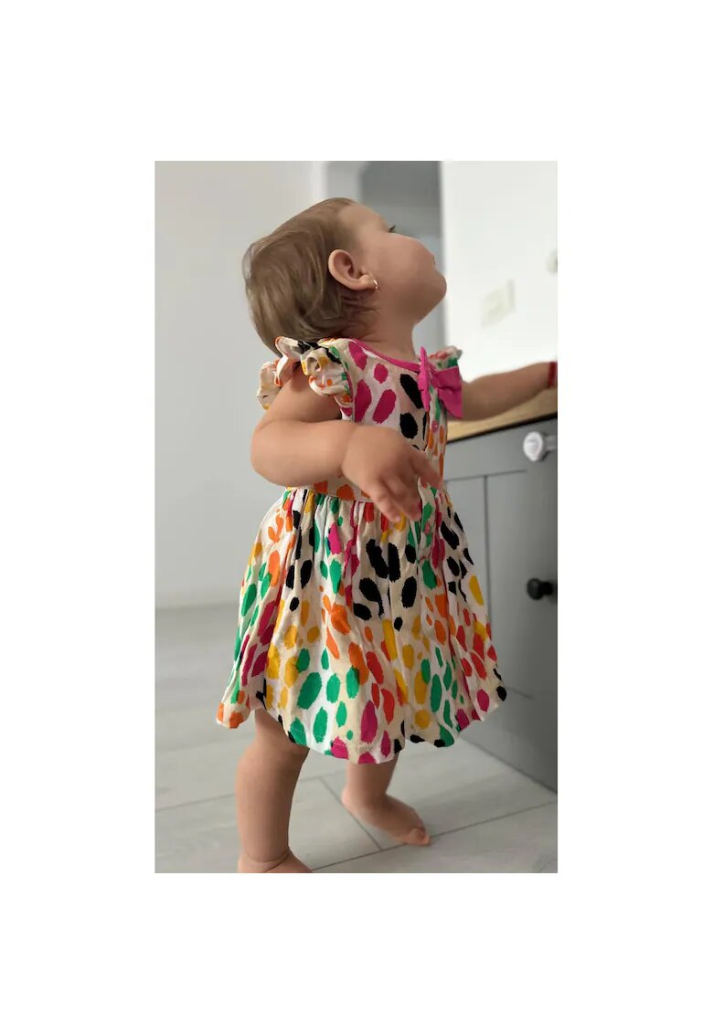 Panco Rochie cu fundita roz si volane la maneci - Hope - Bej cu buline colorate - pentru fetite - Bej