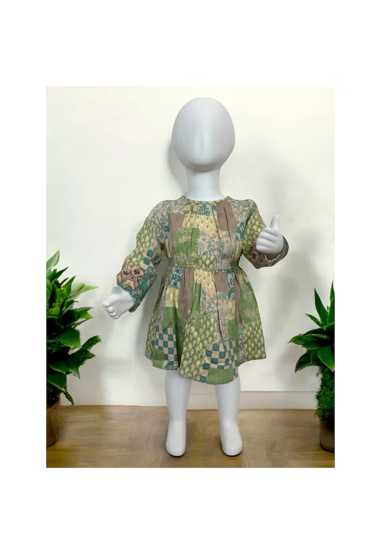 Panco Rochie cu maneca lunga si elastic in talie - - Botanic Garden - Bej & Verde - pentru fetite - Bej