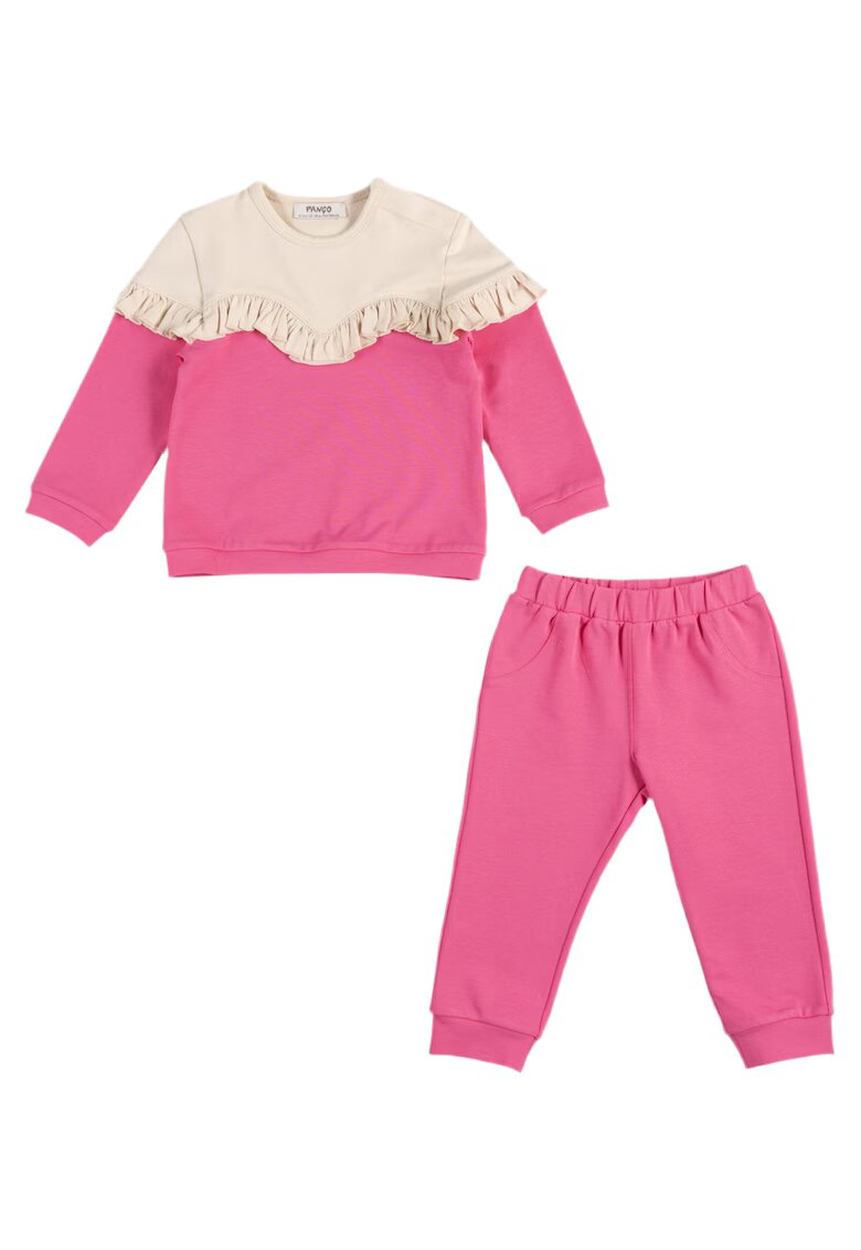 Panco Set 2 piese sport: Bluza cu maneca lunga si volan si pantalon - Hope - Roz Fucsia si Bej - pentru fetite - Fucsia