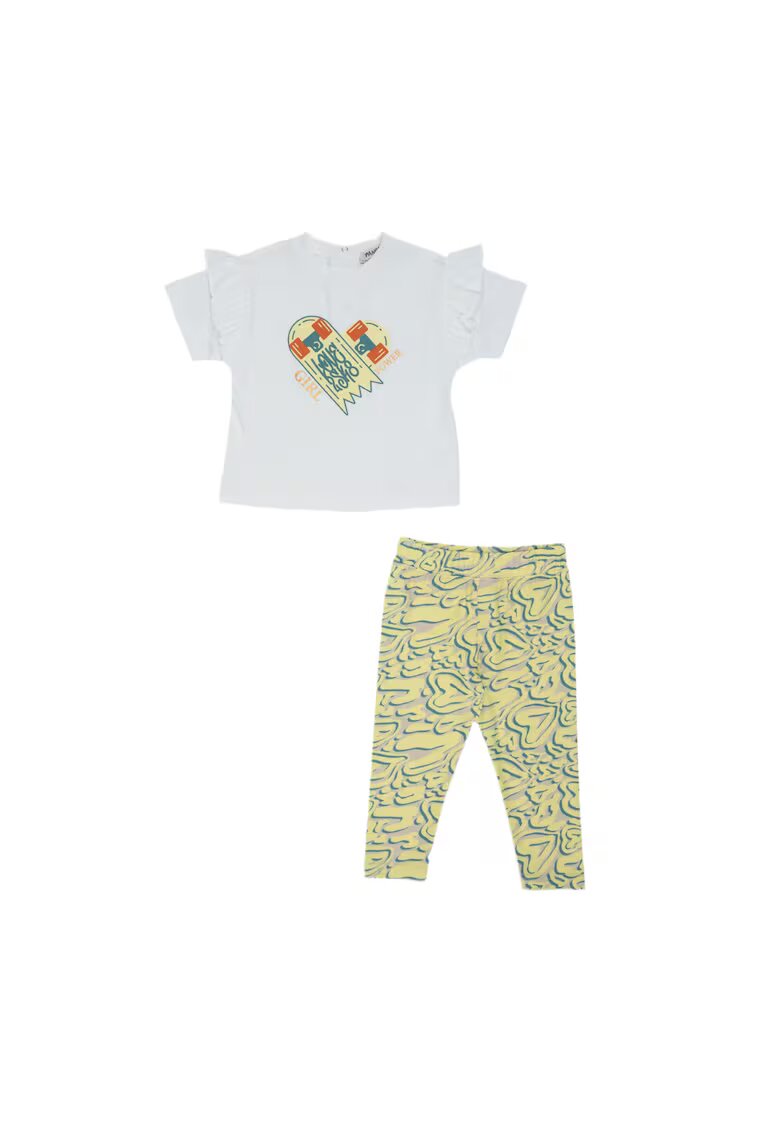 Panco Set 2 piese: tricou si colanti imprimati inimioare - Keep Going - Alb si Galben - pentru fetite - Galben