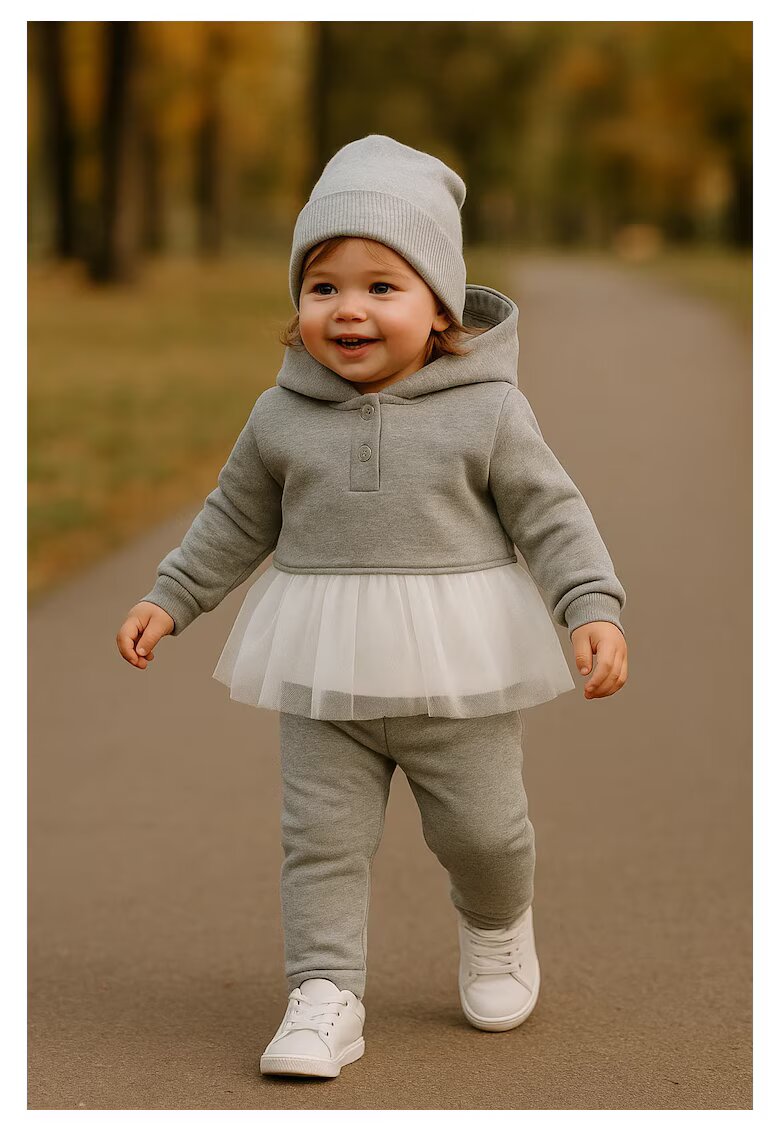 Panco Set de trening 2 piese: bluza cu gluga si urechi - cu tull - si pantaloni - - Little Ballerina - pentru fetite - Gri
