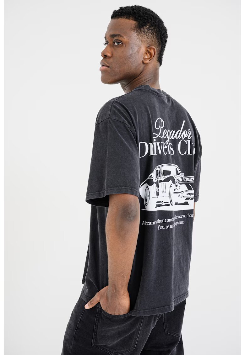 Pegador Tricou cu decolteu la baza gatului si imprimeu grafic - Gri inchis