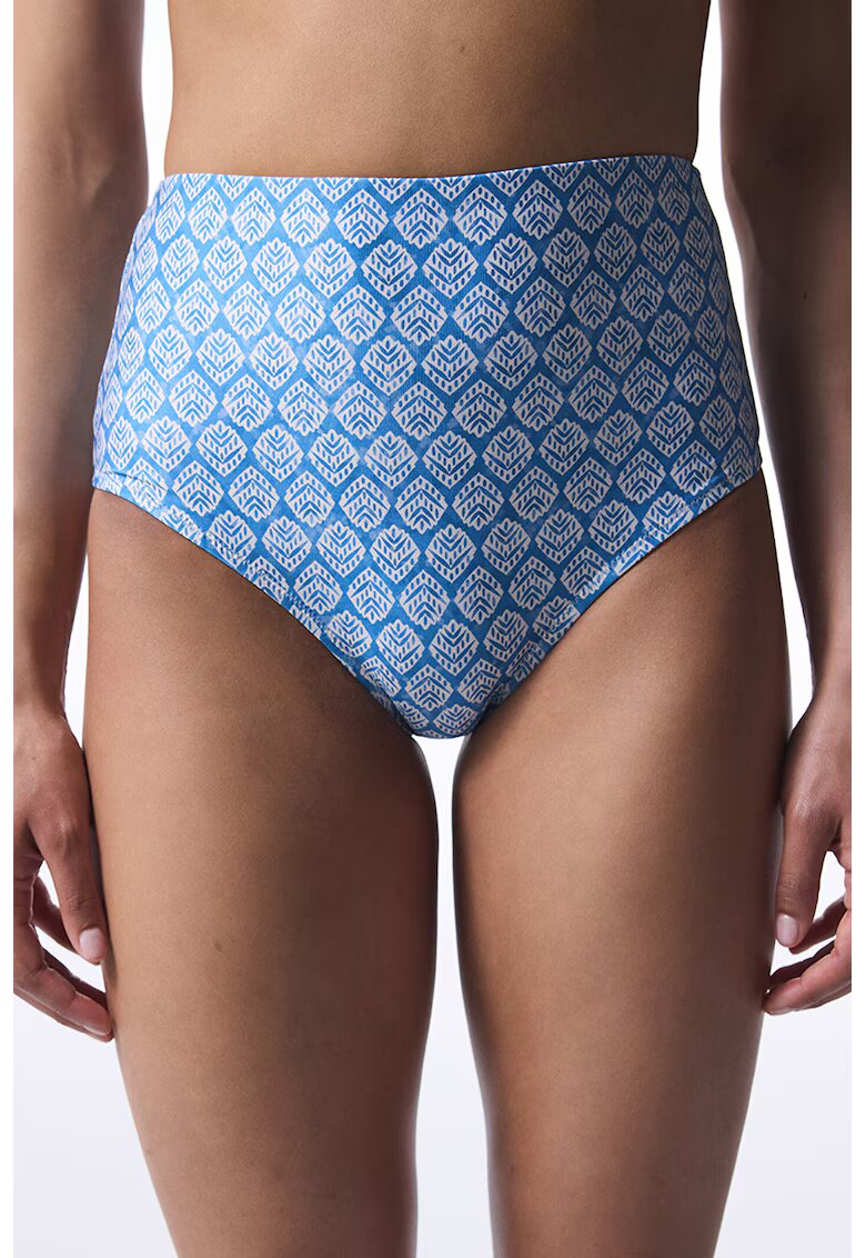 Penti Bikini clasic cu model si talie inalta - Albastru royal/Alb optic