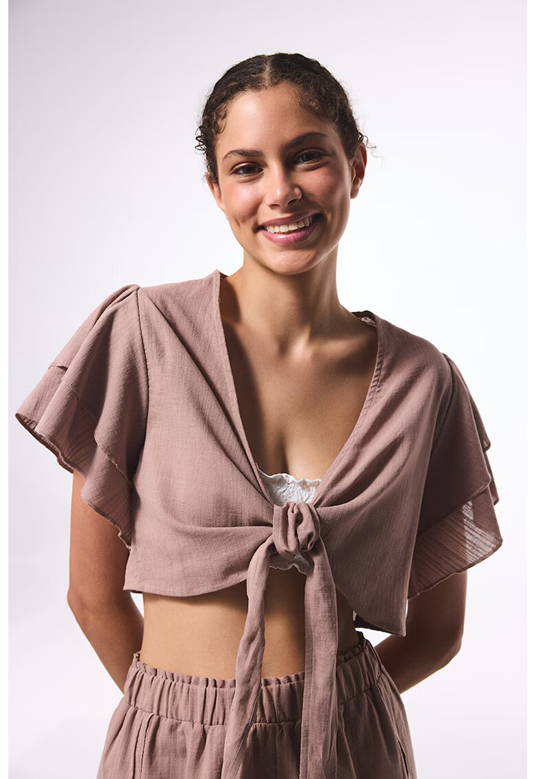 Penti Bluza crop cu prindere si maneci cu volane - Roz prafuit