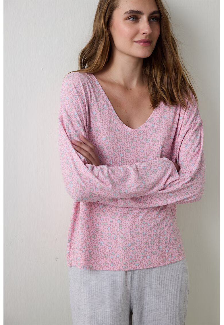 Penti Bluza de pijama cu decolteu in V si model floral - Roz