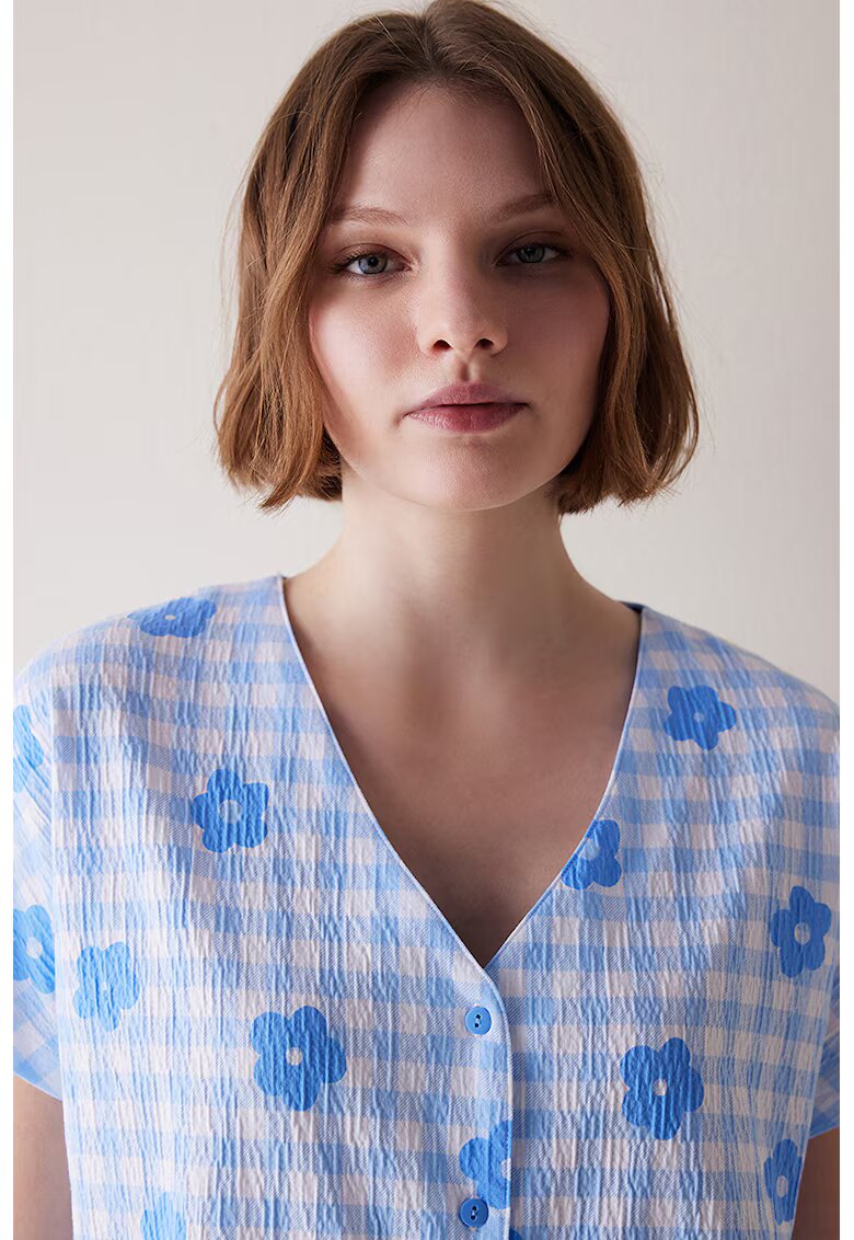 Penti Bluza de pijama cu imprimeu si maneci scurte - Albastru pastel