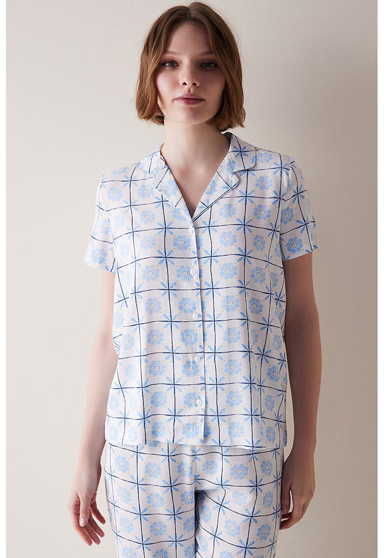 Penti Bluza de pijama cu nasturi si imprimeu - Alb/Albastru