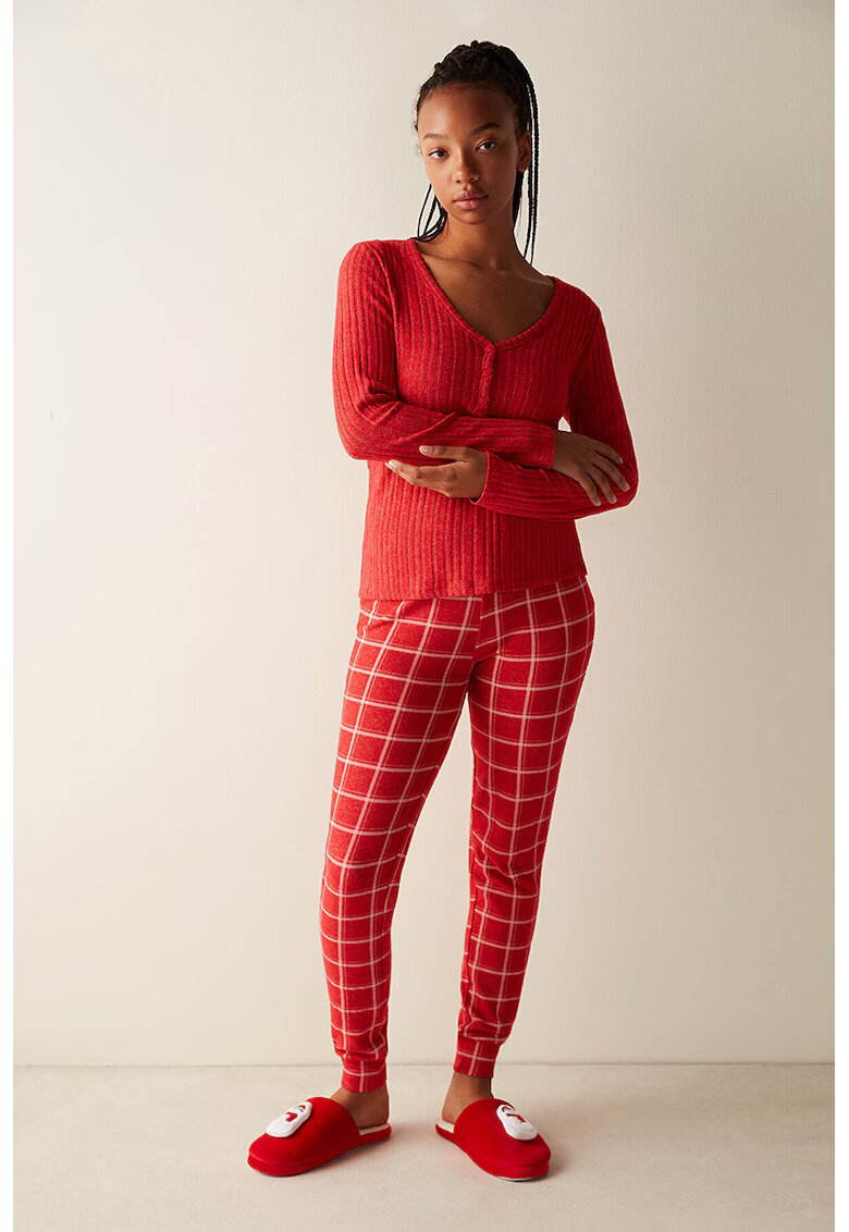 Penti Bluza de pijama cu striatii si decolteu in V - Rosu/Alb