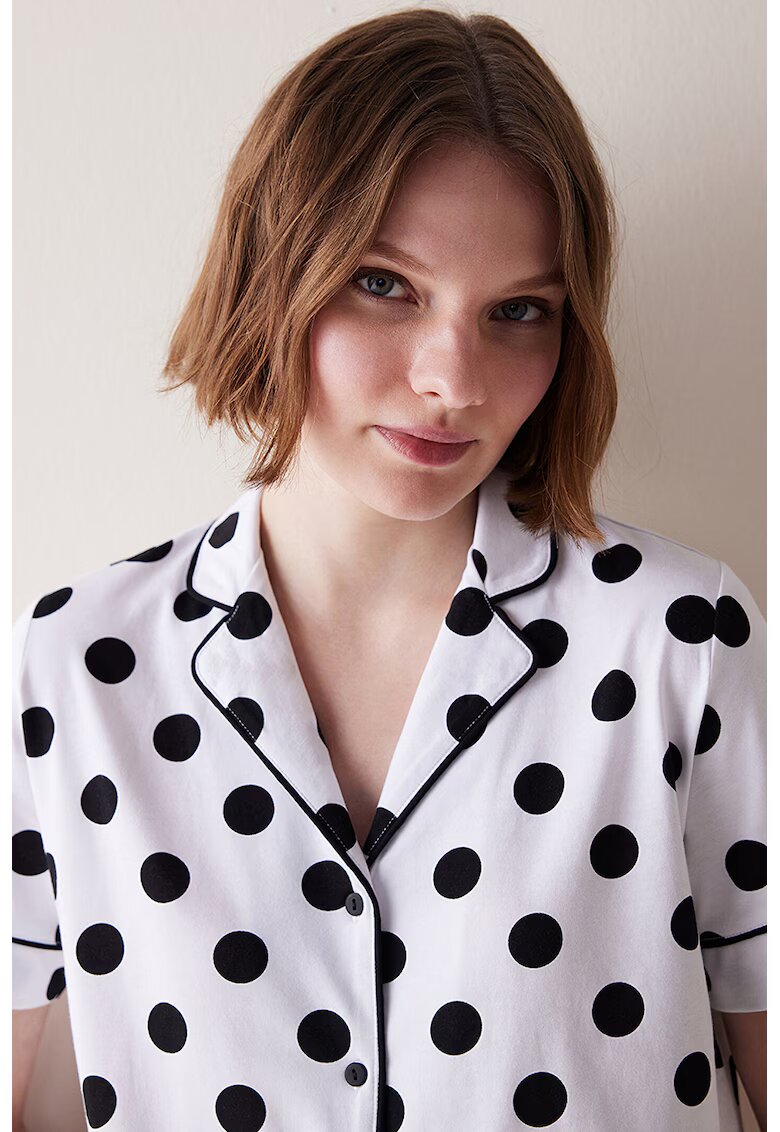 Penti Bluza de pijama din bumbac cu imprimeu cu buline - Alb/Negru