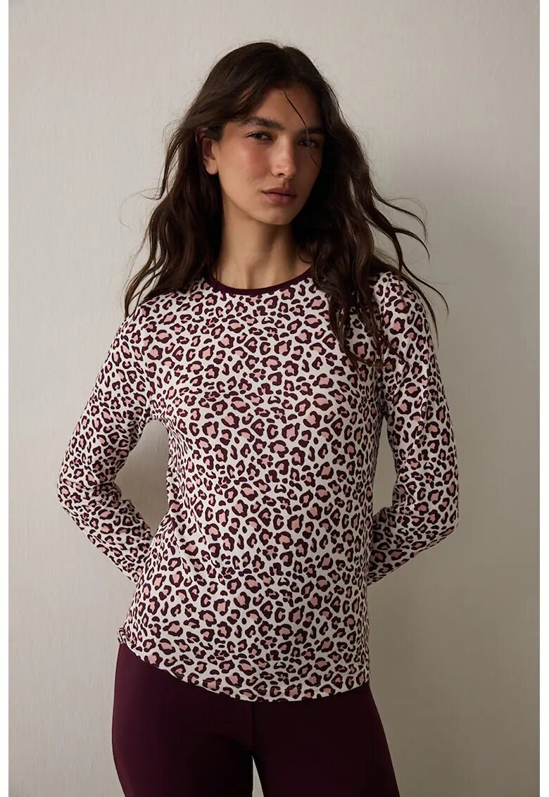 Penti Bluza slim fit de pijama cu animal print - Roz pal/Roz prafuit/Violet pruna
