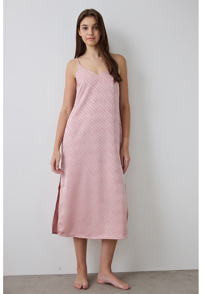 Penti Camasa de noapte midi din satin cu model zebra - Roz somon