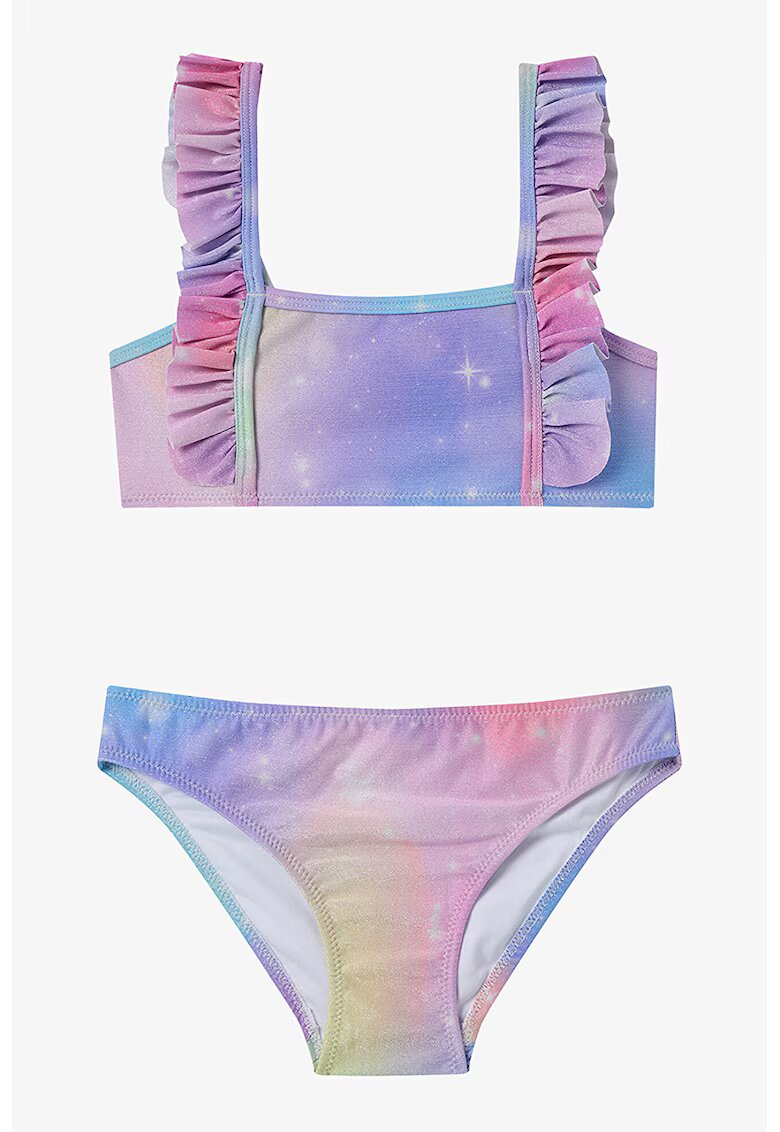 Penti Costum de baie din doua piese - cu volane - Violet/Galben pal/Roz prafuit
