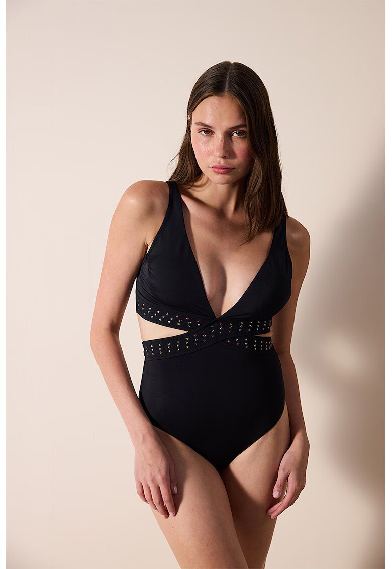 Penti Costum de baie intreg cu decolteu in V si decupaje - Negru