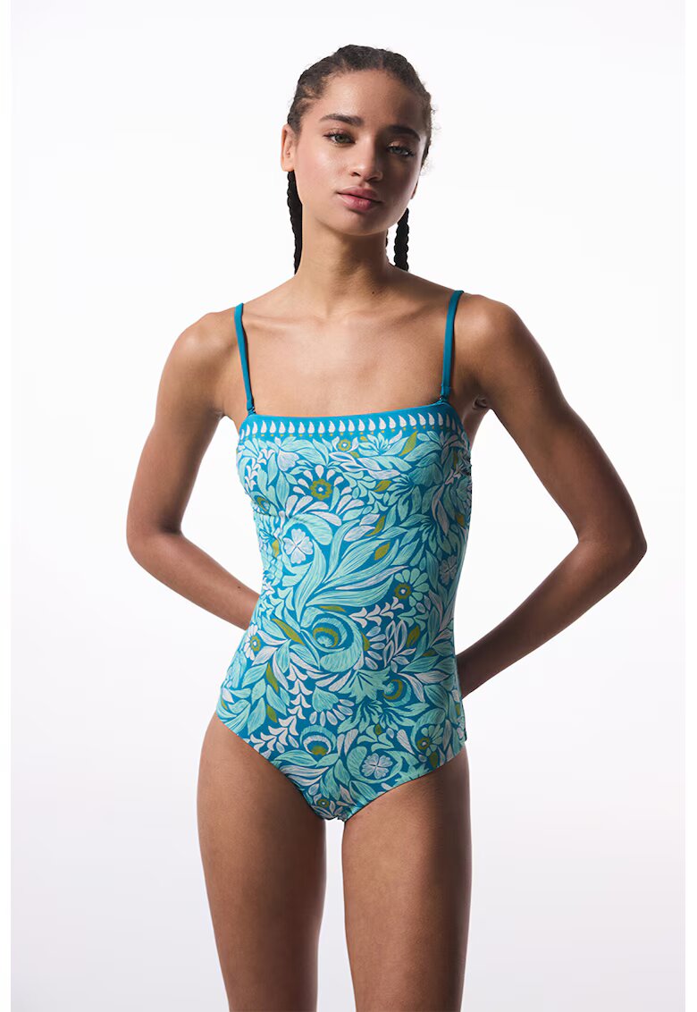 Penti Costum de baie intreg cu design tropical - Alb/Albastru deschis/Galben mustar
